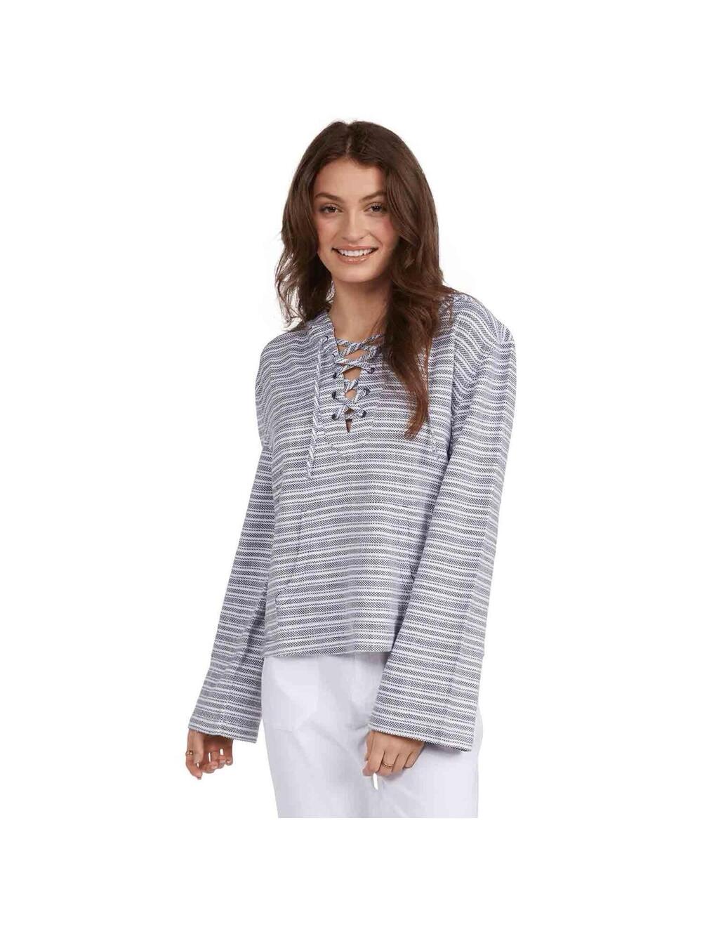 ROXY NWT Women’s Cabo Trip Lace-Up L/S Top in Mood Indigo at Down Stripe-Medium